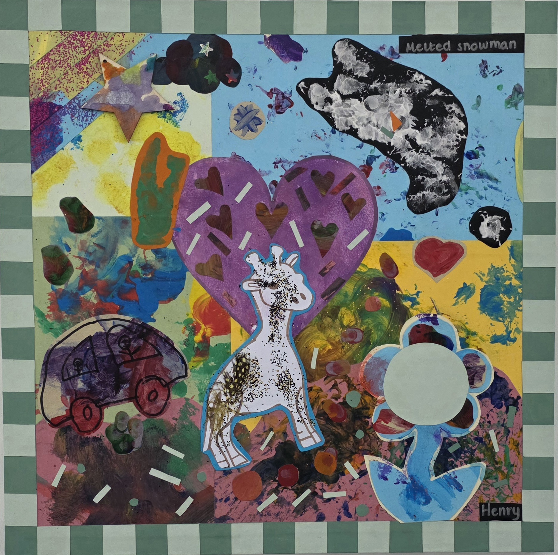 Playful children's collage with giraffe, hearts and melted snowman