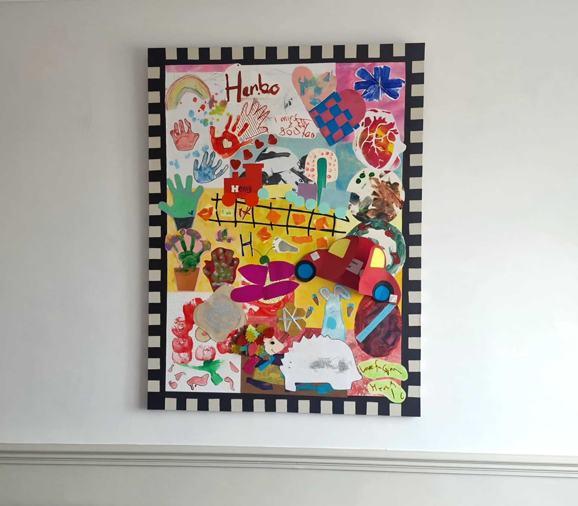 Bespoke children's art collage with checkered border