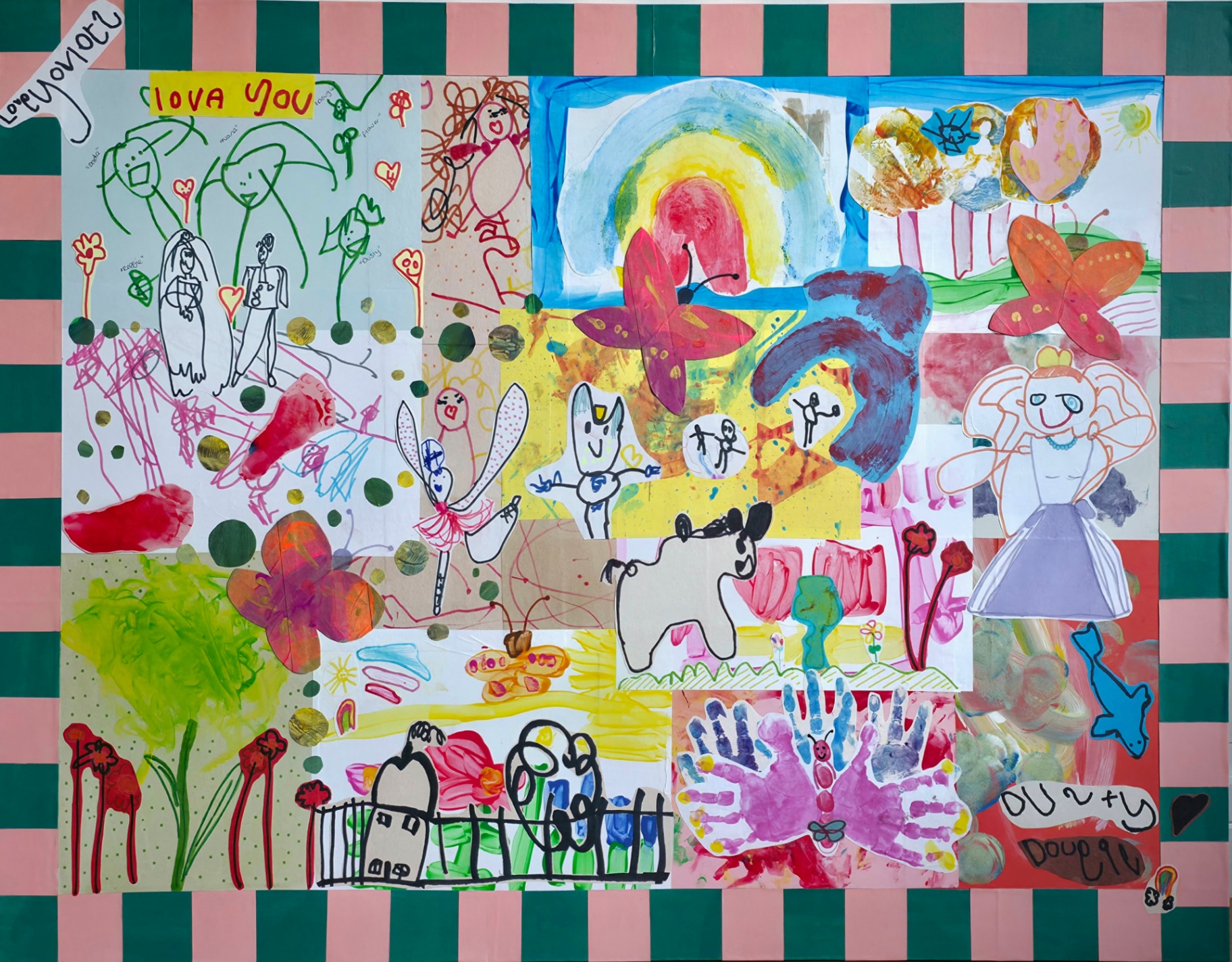 Vibrant children's collage with pink and green border